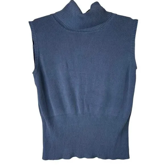 Harold's Vintage Powdered Blue Ribbed Silk Turtleneck Sleeveless Cardigan Set - Picture 3 of 9